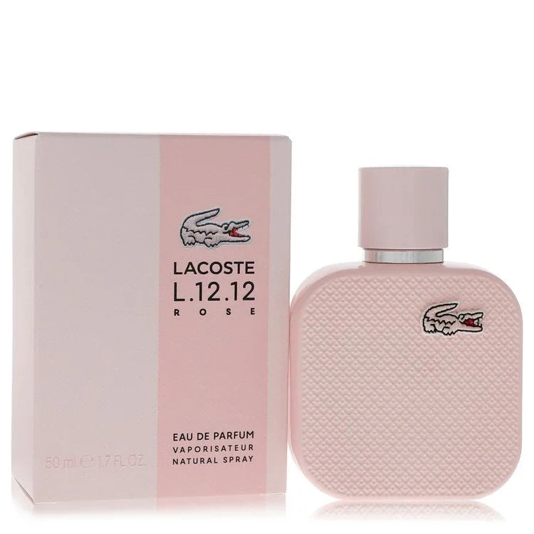 Pink Lacoste L.12.12 Rose Eau de Parfum bottle and packaging on a white background
