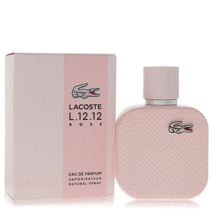 Pink Lacoste L.12.12 Rose Eau de Parfum bottle and packaging on a white background