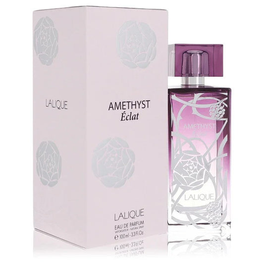 Lalique Amethyst Eclat perfume bottle and packaging on a white background