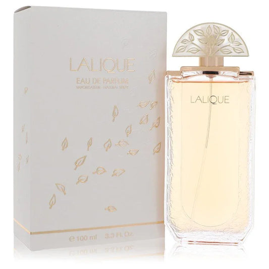 Lalique perfume bottle and packaging on a white background