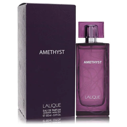 Lalique Amethyst perfume bottle and packaging on a white background