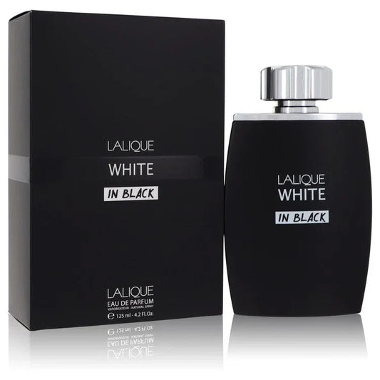Lalique White in Black perfume bottle and packaging on a white background