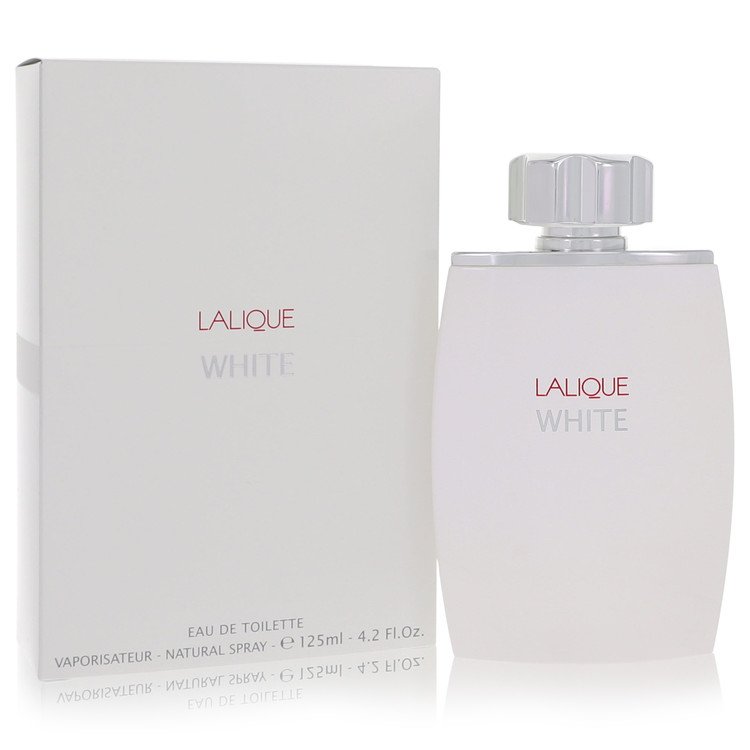 Lalique White Cologne signature luxury sleek and minimalist opaque white glass flacon displaying its premium brand labeling typography and elegant structural lines against a solid backdrop
