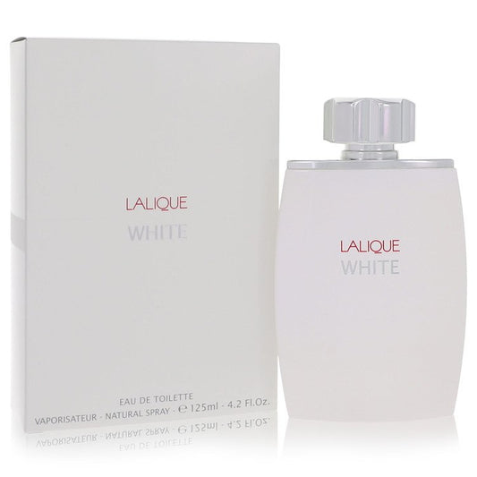 Lalique White Cologne signature luxury sleek and minimalist opaque white glass flacon displaying its premium brand labeling typography and elegant structural lines against a solid backdrop