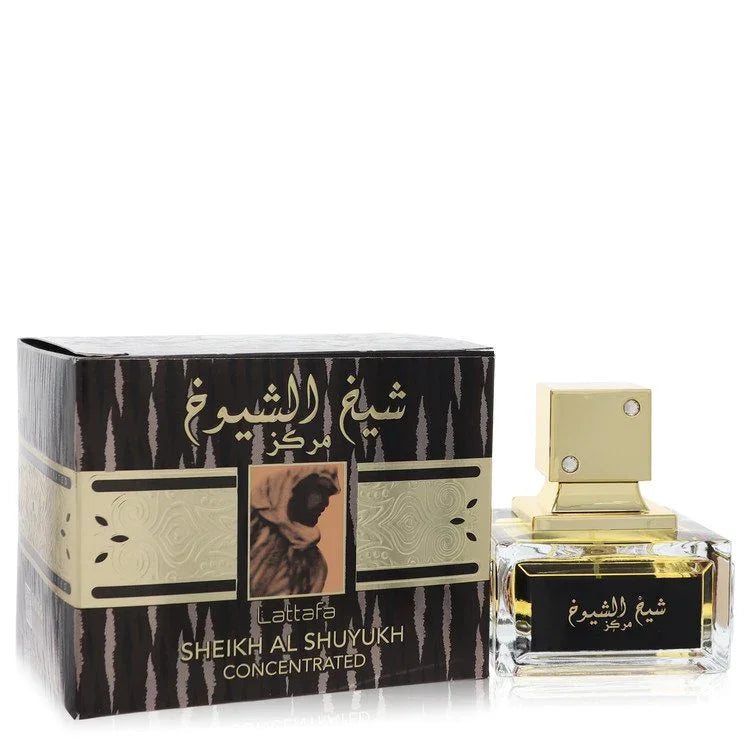 Lattafa Sheikh Al Shuyukh perfume bottle and packaging on a white background