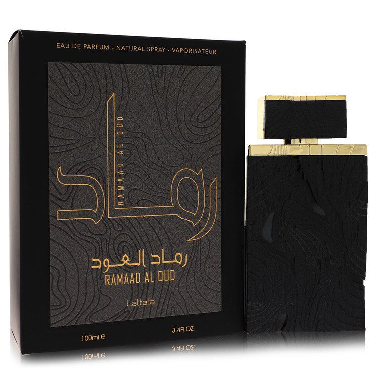 Lattafa Ramaad Al Oud Eau de Parfum bottle with pink pepper, blackcurrant, agarwood, caramel, peony and raspberry