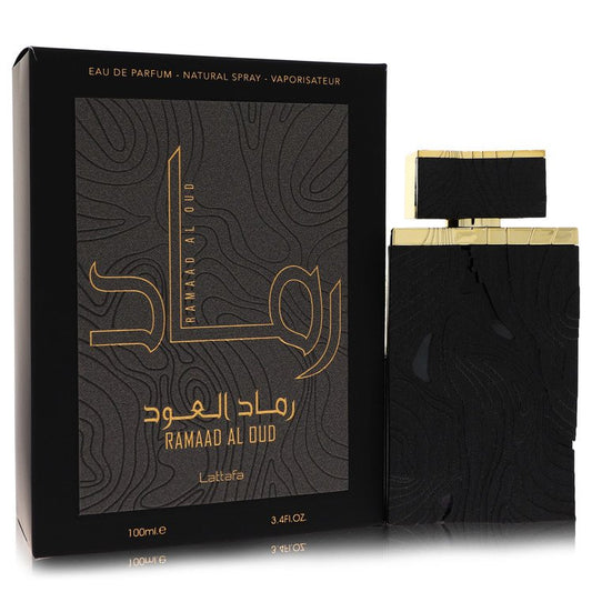Lattafa Ramaad Al Oud Eau de Parfum bottle with pink pepper, blackcurrant, agarwood, caramel, peony and raspberry