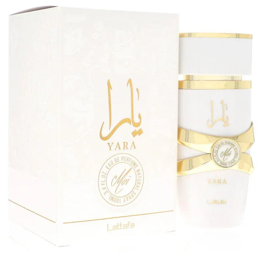 Yara perfume bottle and packaging with gold accents on a white background