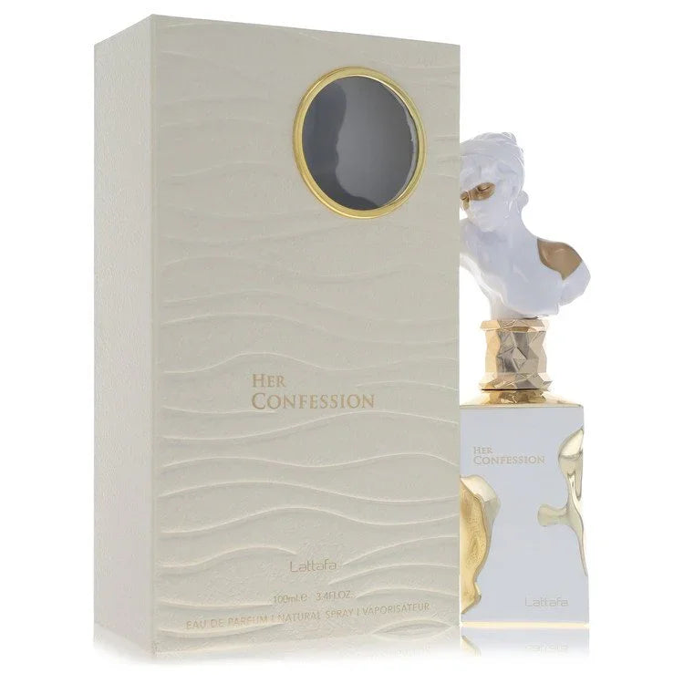 Perfume bottle and packaging of 'Her Confession' on a white background