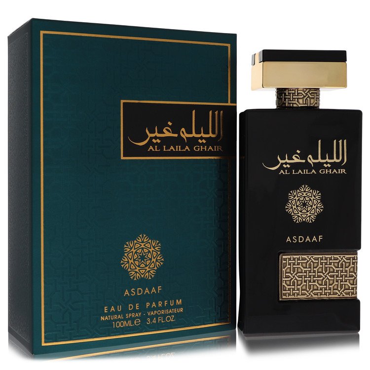 Perfume bottle and packaging of Al Laila Ghaier with gold accents on a white background