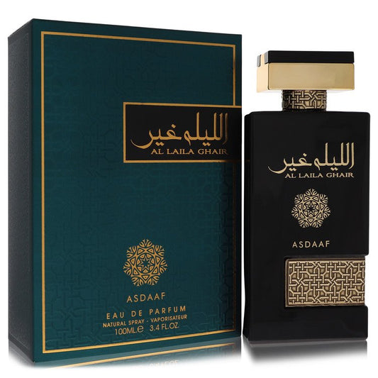 Perfume bottle and packaging of Al Laila Ghaier with gold accents on a white background