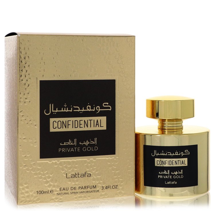Lattafa Confidential Private Gold cologne bottle — chypre fruity unisex fragrance with peach, pear, passionfruit, raspberry, cassis, lily of the valley, musk, vanilla, sandalwood, patchouli, and heliotrope notes