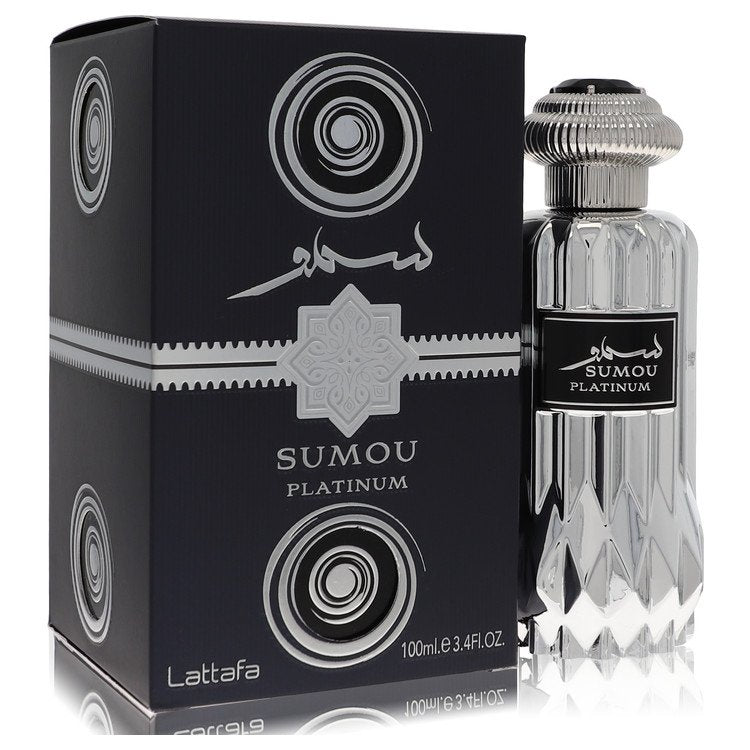 Lattafa Sumou Platinum Eau de Parfum bottle — Fruity Woody men's fragrance with bergamot, apple, plum, mahogany, cinnamon, and cedar notes