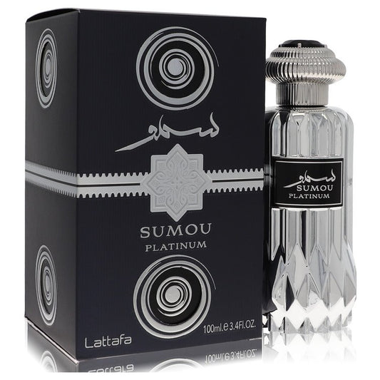Lattafa Sumou Platinum Eau de Parfum bottle — Fruity Woody men's fragrance with bergamot, apple, plum, mahogany, cinnamon, and cedar notes