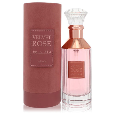 Lattafa Velvet Rose Eau de Parfum bottle — floral amber women's perfume with sweet rose, bergamot, labdanum, patchouli, suede, and amber notes.