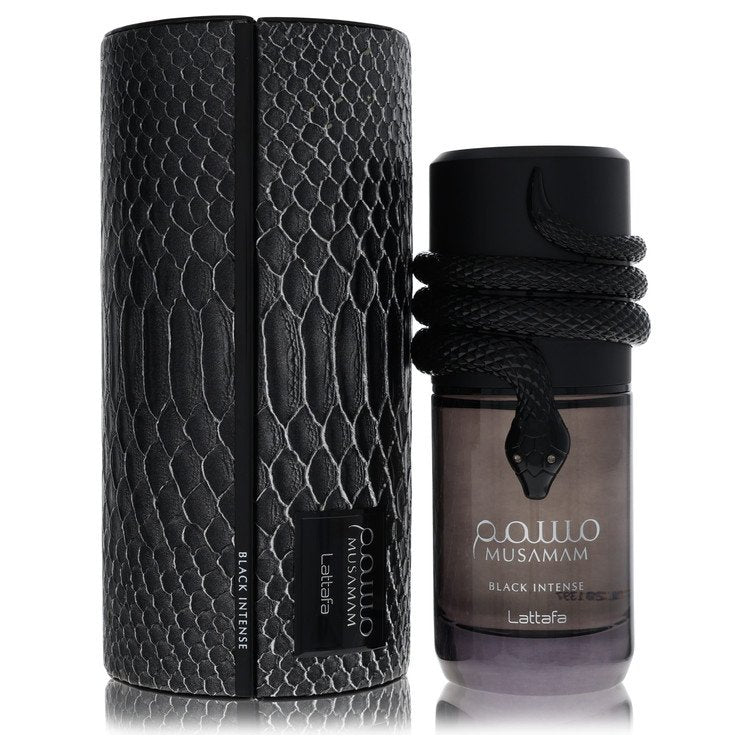 Lattafa Musamam Black Intense cologne bottle — Bold Oriental woody spicy Arabic fragrance with bergamot, cardamom, oud, rose, saffron, and amber notes