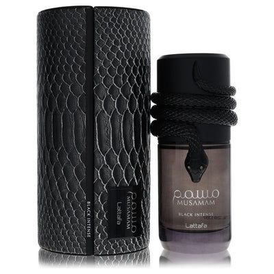 Lattafa Musamam Black Intense cologne bottle — Bold Oriental woody spicy Arabic fragrance with bergamot, cardamom, oud, rose, saffron, and amber notes