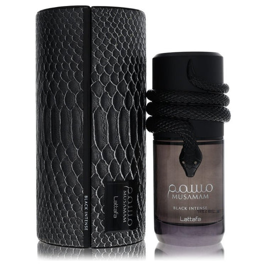 Lattafa Musamam Black Intense cologne bottle — Bold Oriental woody spicy Arabic fragrance with bergamot, cardamom, oud, rose, saffron, and amber notes