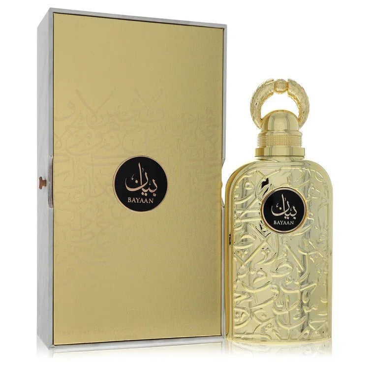 Gold Bayaan perfume bottle and packaging on a white background