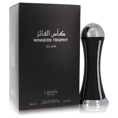 Lattafa Pride Winners Trophy Silver bottle — aromatic woody fragrance for men with top notes of olibanum and mandarin orange.