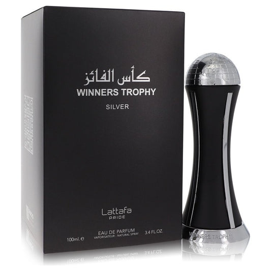 Lattafa Pride Winners Trophy Silver bottle — aromatic woody fragrance for men with top notes of olibanum and mandarin orange.