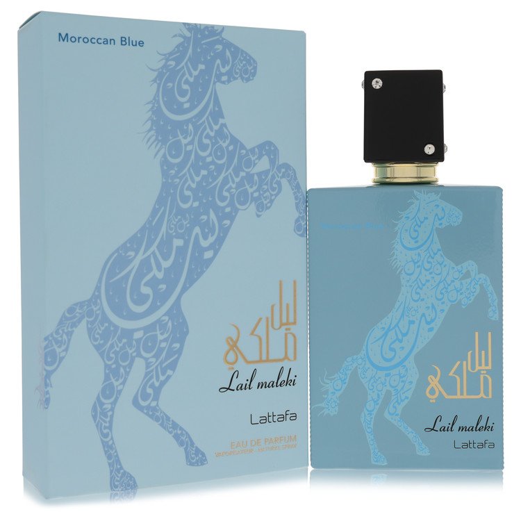 Lattafa Lail Maleki Morrocan Blue Perfume bottle — Woody Spicy Oriental unisex fragrance with sweet citrus, spices, floral accords, woody notes, amber, and musk