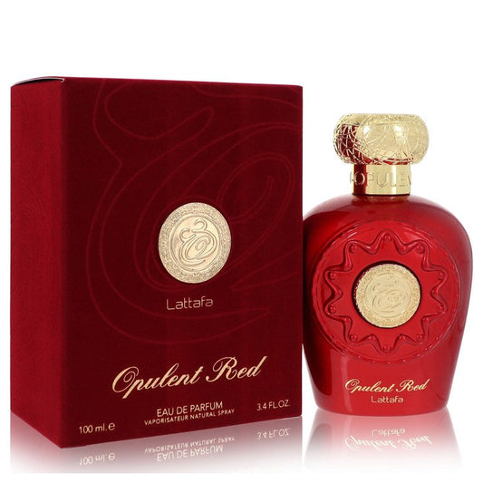 Lattafa Opulent Red perfume bottle with saffron, bergamot, patchouli, cashmeran, dry amber, leatherwood and cedarwood