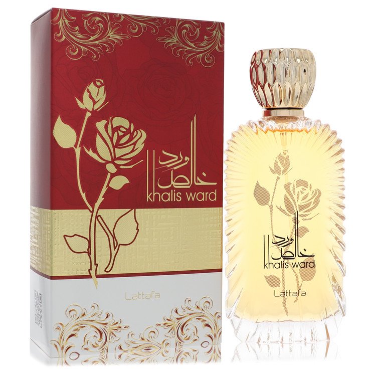 Lattafa Khalis Ward Eau de Parfum bottle — lush rose oriental woody perfume with rose, pink pepper, oud, jasmine, peony, musk, amber, sandalwood, and vanilla notes.
