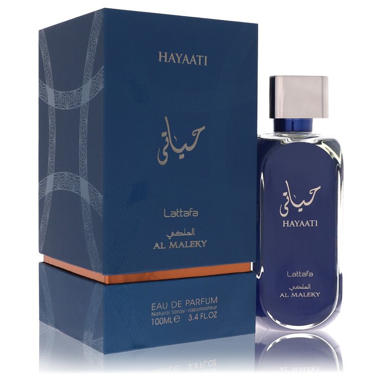 Lattafa Hayaati Al Maleky Perfume bottle — amber spicy unisex Eau de Parfum with nutmeg, pink pepper, bergamot, ginger, cedar, incense, labdanum, amber, musk, and ambergris