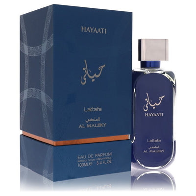 Lattafa Hayaati Al Maleky Perfume bottle — amber spicy unisex Eau de Parfum with nutmeg, pink pepper, bergamot, ginger, cedar, incense, labdanum, amber, musk, and ambergris