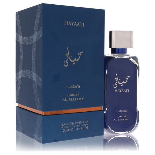 Lattafa Hayaati Al Maleky Perfume bottle — amber spicy unisex Eau de Parfum with nutmeg, pink pepper, bergamot, ginger, cedar, incense, labdanum, amber, musk, and ambergris