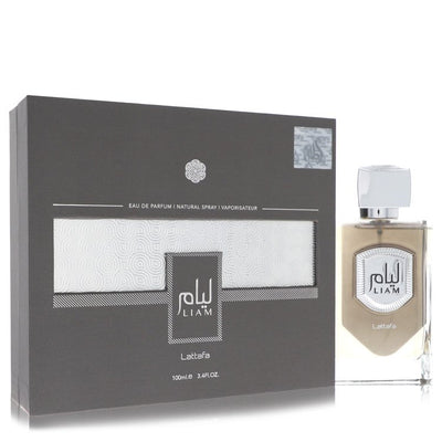 Lattafa Liam Grey Cologne bottle — woody aromatic fragrance with cardamom, fig, black tea, iris, vanilla, sandalwood and patchouli