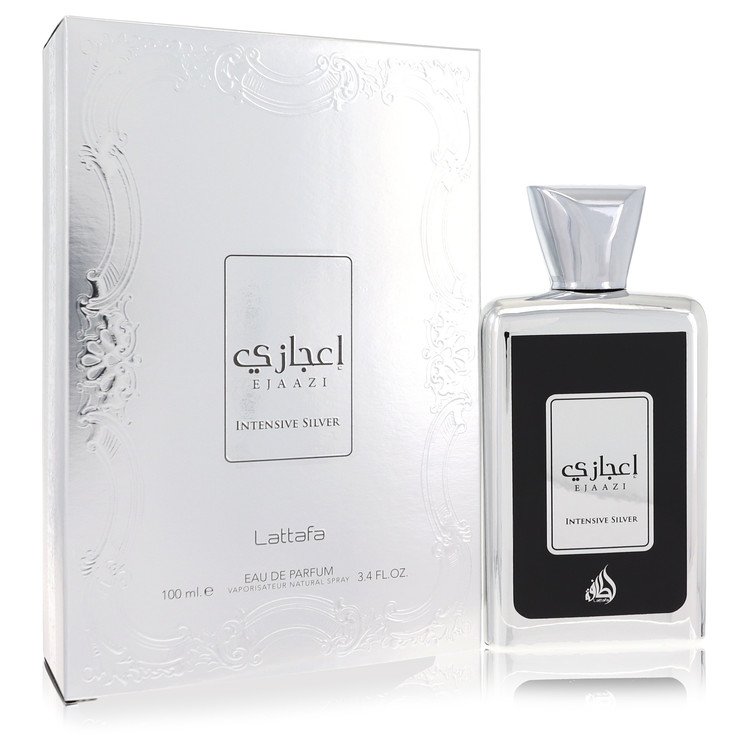 Lattafa Ejaazi Intensive Silver Perfume bottle — unisex Eau de Parfum with grapefruit, mandarin orange, sea notes, cedar, amber, and moss.