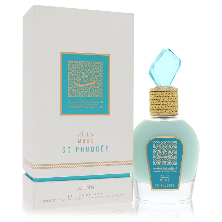 Perfume bottle and packaging of Lattafa Musk So Poudree on a white background