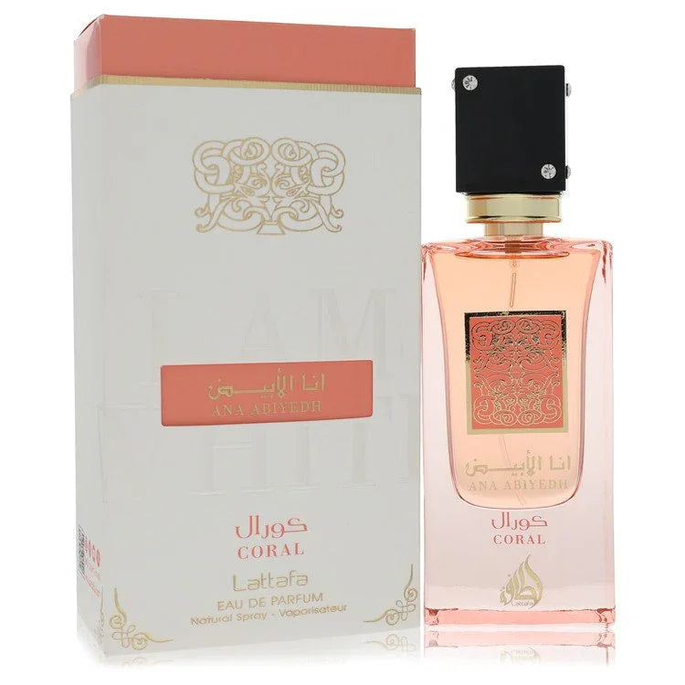 Perfume bottle and packaging of Lattafa Coral on a white background