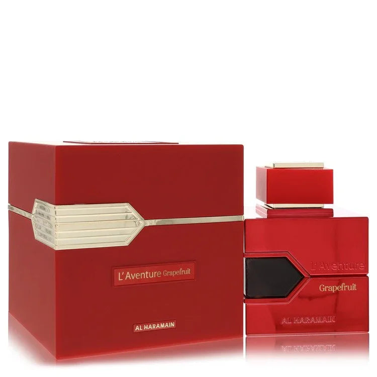 Red Al Haramain L'Aventure Grapefruit perfume set on a white background