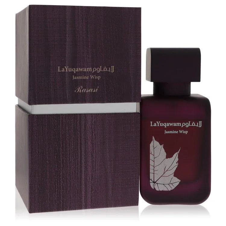 Perfume bottle and packaging of LaYuqawam Jasmine Wisp by Rasasi on a white background