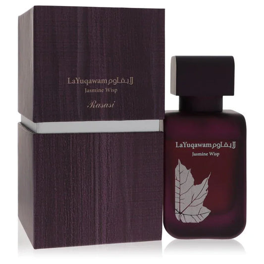 Perfume bottle and packaging of LaYuqawam Jasmine Wisp by Rasasi on a white background