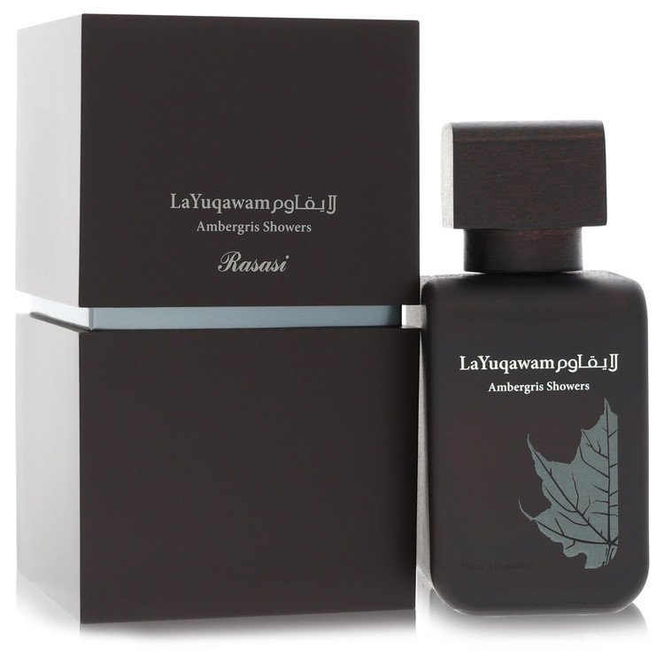 Rasasi Ambergris Showers Eau de Parfum bottle — oriental woody musky men's fragrance with bergamot, citrus, floral notes, spices, ambergris, musk, woods, and vanilla notes.