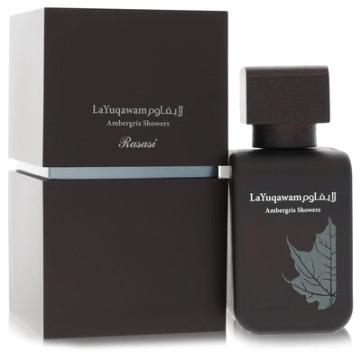 Rasasi Ambergris Showers Eau de Parfum bottle — oriental woody musky men's fragrance with bergamot, citrus, floral notes, spices, ambergris, musk, woods, and vanilla notes.