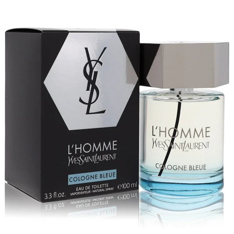 YSL L'Homme Cologne Bleue perfume bottle and packaging on a white background