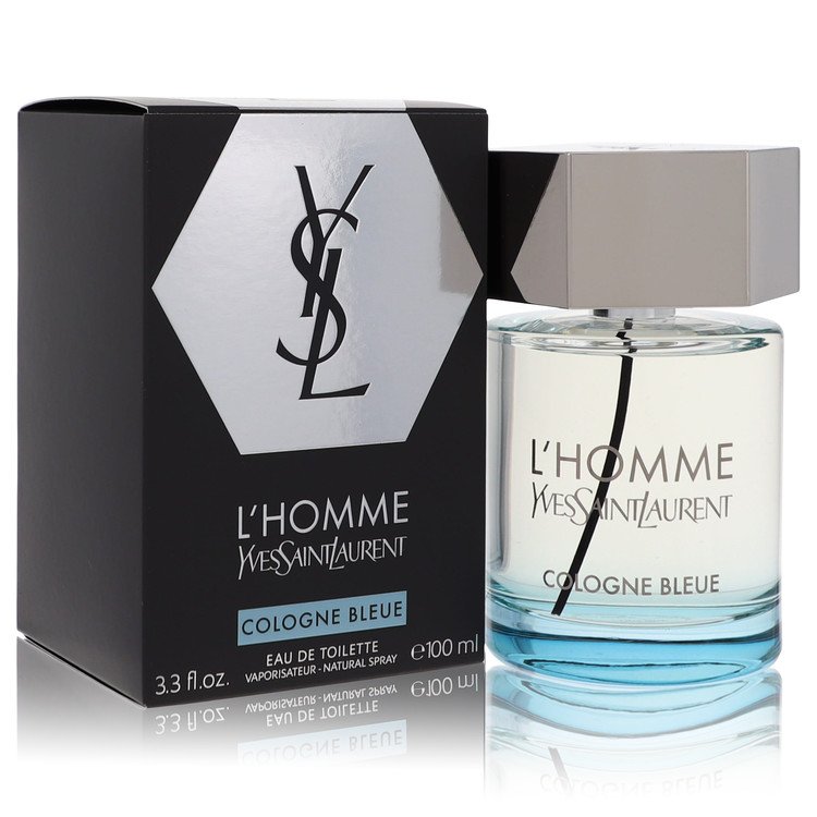 YSL L'Homme Cologne Bleue perfume bottle and packaging on a white background