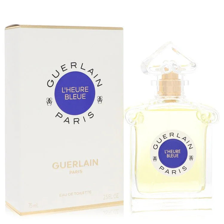 Guerlain L'Heure Bleue perfume bottle and packaging on a white background