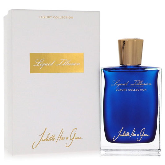 Blue perfume bottle with gold cap and 'Liquid Illusion' branding next to a white box with the same branding.