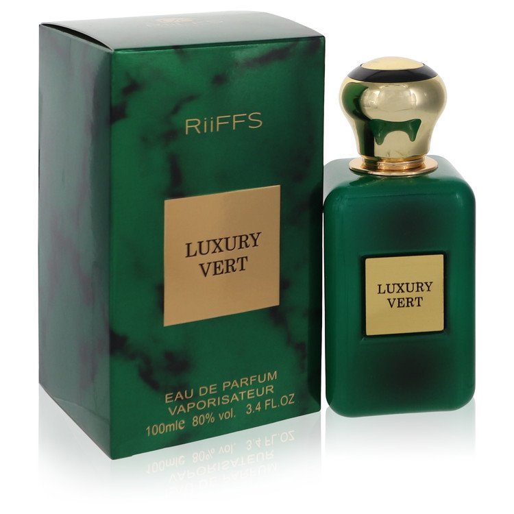 Green perfume bottle and packaging with 'Riiffs Luxury Vert' on a white background