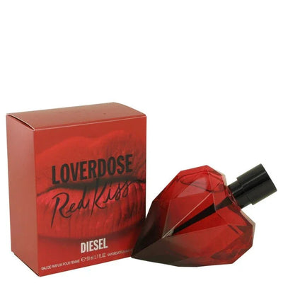 Loverdose Red Kiss Perfume by Diesel bottle — gourmand floral fragrance with sugary apple, black currant, bergamot, orange blossom, apricot, vanilla, cacao pod, and amber