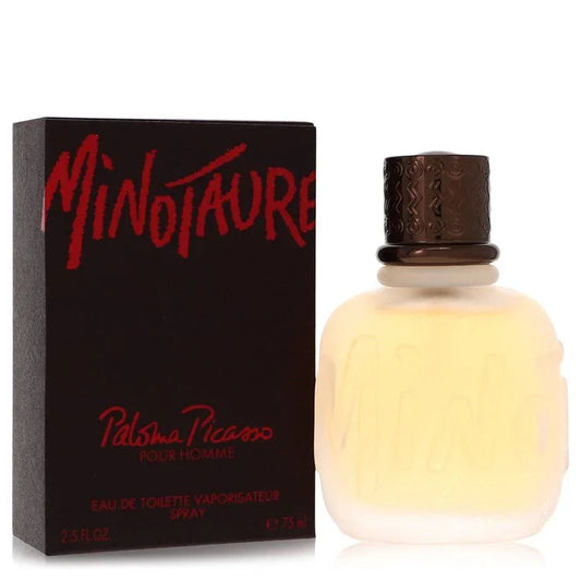 Perfume bottle and packaging of Minotaure by Paloma Picasso on a white background