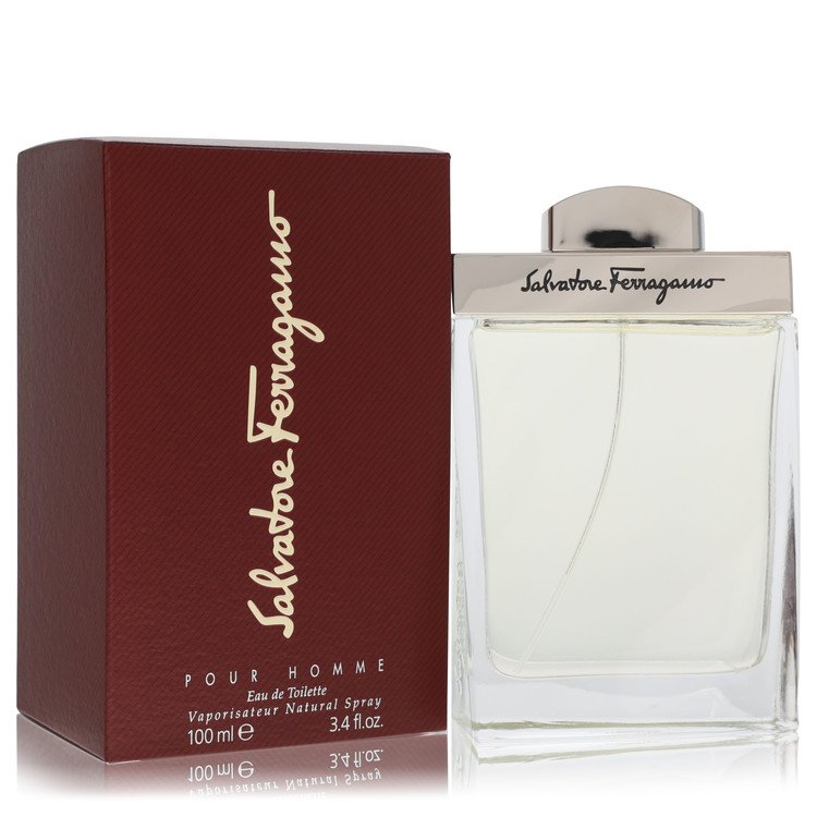 Salvatore Ferragamo Pour Homme cologne bottle — Timeless Italian woody aromatic fragrance with fig leaf, grapefruit, caraway, rose, cardamom, clove, sandalwood, vetiver, and musk notes