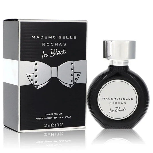 Mademoiselle Rochas In Black perfume bottle and packaging on a white background