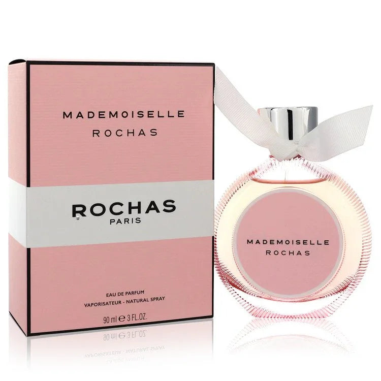 Mademoiselle Rochas perfume bottle and packaging on a white background